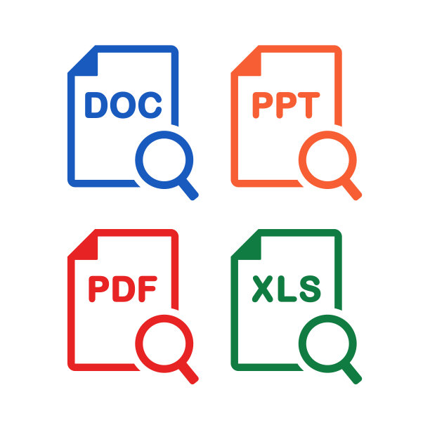 搜索文件文档doc,ppt,pdf, xls。文件纸和放大镜图标图片下载