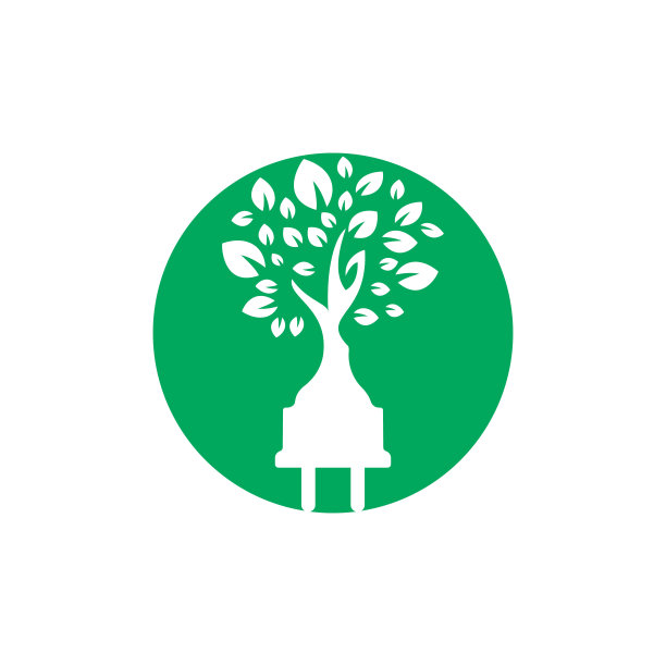 绿色能源电力标志概念。电动插头图标与树。图片下载