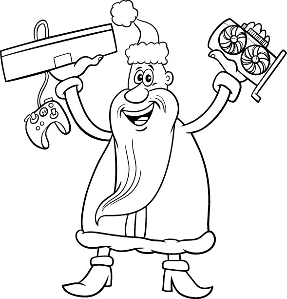 圣诞老人与图形卡和游戏机着色书页图片下载