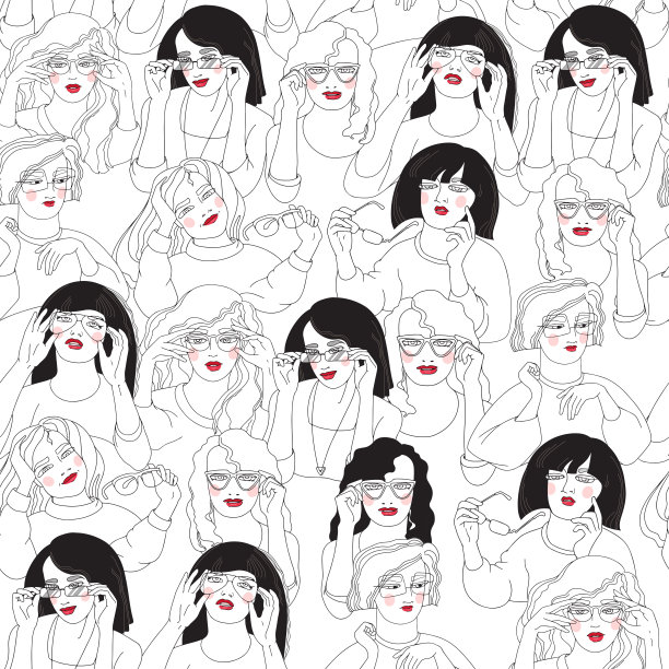 戴眼镜的年轻女孩。无缝模式。线的艺术风格。图片下载