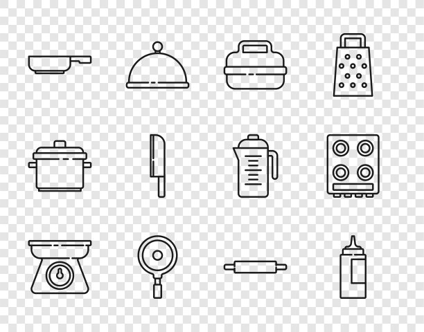 设置线秤，酱瓶，锅，煎锅，刀，擀面杖和煤气灶图标。向量图片下载