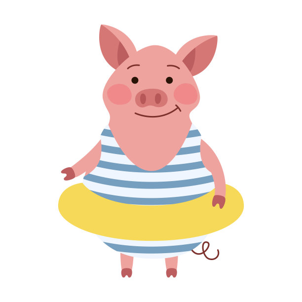 可爱的粉红色水手穿着泳衣和一个充气环。矢量插图的卡通人物平。储蓄罐图片下载