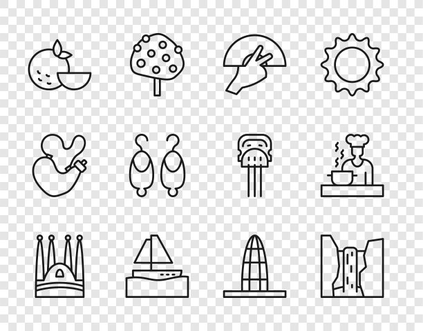 设置线圣家堂，阿尔加瀑布，范弗拉门戈，游艇帆船，橙子水果，耳环，Agbar塔和西班牙厨师图标。向量图片下载