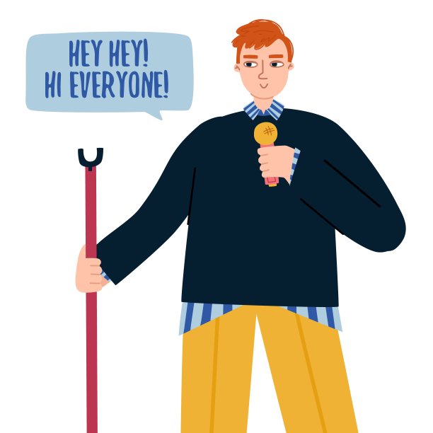脱口秀节目。一个人用麦克风讲话。角色设计。向量图片下载