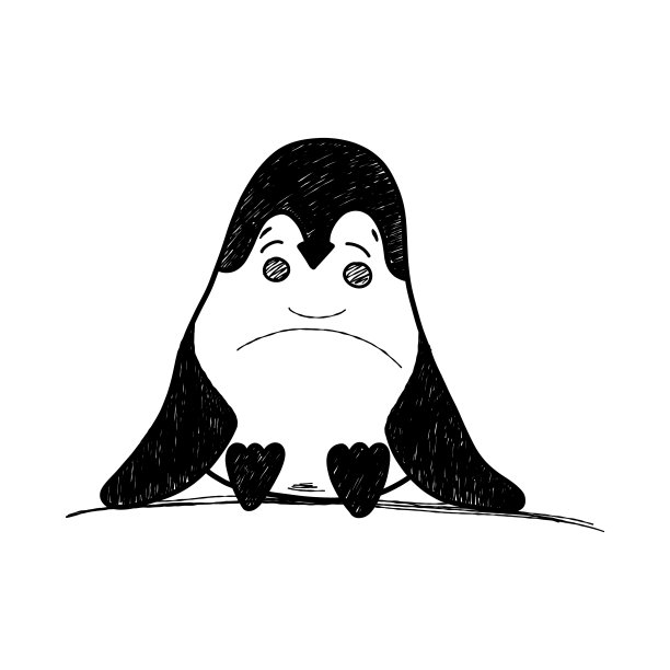 矢量插图与可爱的企鹅坐在地上，黑白手绘插图。图片下载