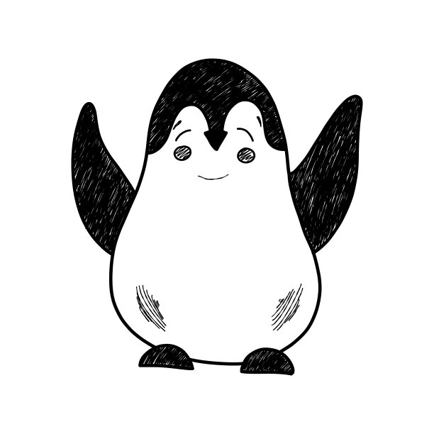 矢量插图与可爱的企鹅，黑白手绘插图。图片下载