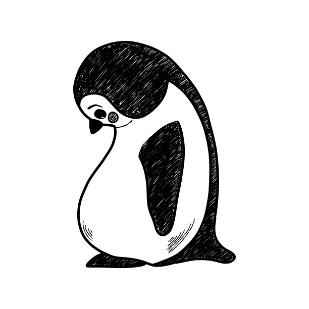 矢量插图与可爱的悲伤的企鹅，黑白手绘插图。图片下载