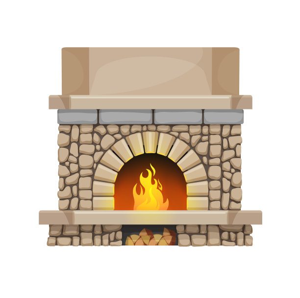家中经典的石头壁炉与柴火火焰图片下载