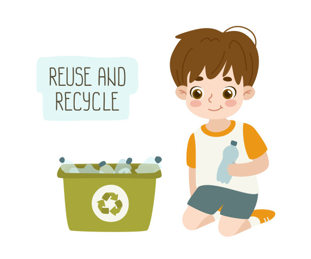 可爱的男孩坐在那里，对回收的塑料垃圾进行分类。友好的孩子收集塑料瓶。图片下载