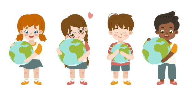 一群孩子拥抱着地球。一群友好的孩子手中握着世界。收集人们关心的环境。图片下载