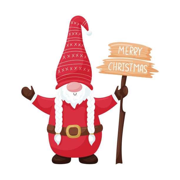 一个梳着小辫、留着胡子、戴着红色帽子和手套的圣诞小精灵举着一个写着“圣诞快乐”的木制标牌。新年可爱的卡通人物孤立在一个白色的背景。图片下载
