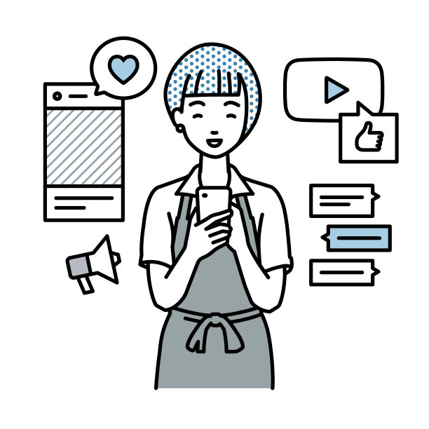 一名女子穿着围裙，在各种社交网络和messenger上享受着交流，她站在那里，看着手中的智能手机图片下载