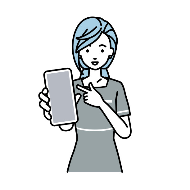 一位美学家女士带着微笑推荐、提议、展示并指向智能手机模型屏幕图片下载