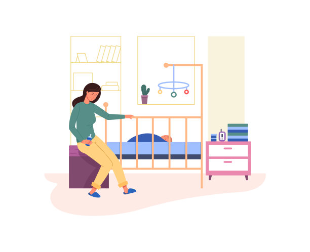 母亲在婴儿床。困倦的妈妈与新生儿的夜晚，矢量插图图片下载