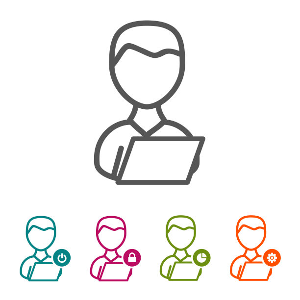 矢量人与笔记本电脑图标在细线风格和平坦的设计。图片下载