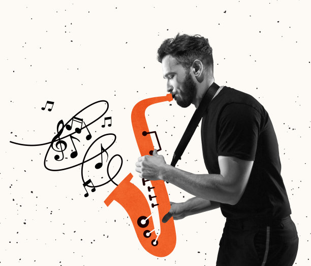 当代艺术拼贴，现代设计。复古的风格。时髦的嬉皮士，在灯光背景下演奏萨克斯管的男人图片下载