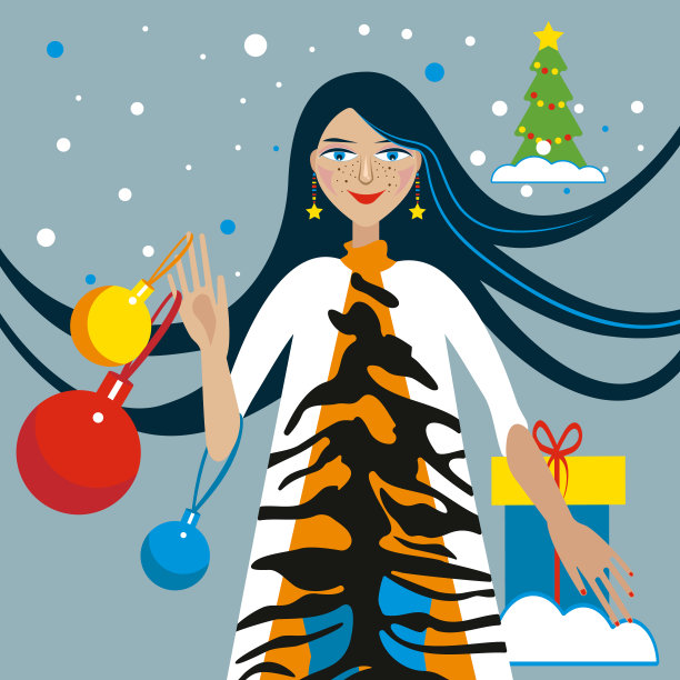 迷人的女人拿着一个巨大的树球。新年快乐。圣诞快乐。图片下载