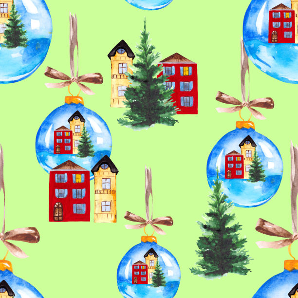 无缝图案的圣诞树，玻璃球和小房子。水彩明亮的背景设计明信片和节日包装。图片下载