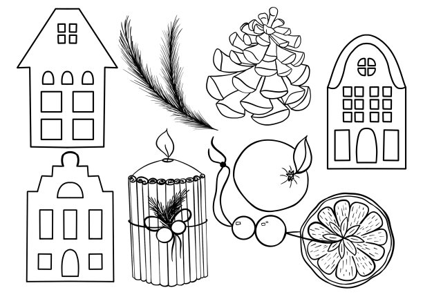 新年套装的轮廓插图，房子，圆锥体，橘子，橘子，蜡烛图片下载