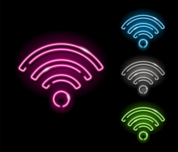 一套霓虹灯wi-fi符号图标在四种不同的颜色孤立的黑色背景。无线，互联网，网络，wifi的概念。晚上招牌风格。矢量10 EPS插图。图片下载
