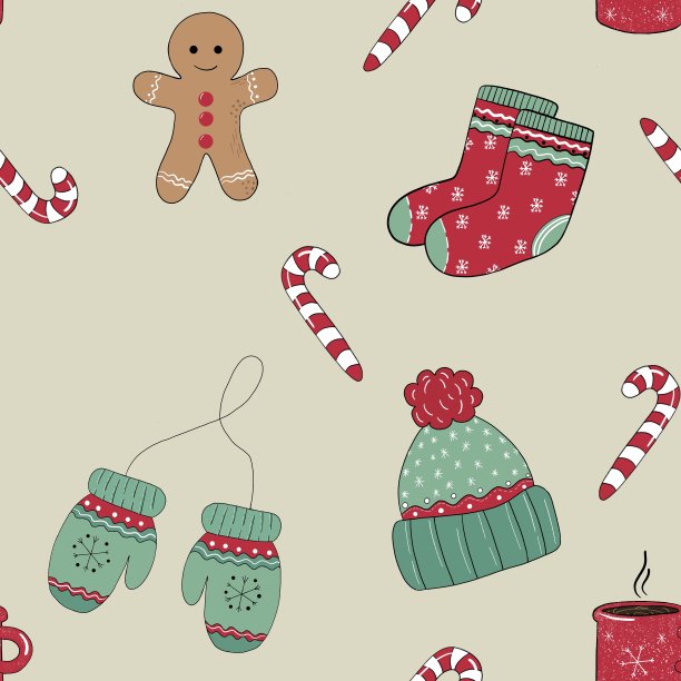 无缝图案有手套、袜子、姜饼人、帽子、棒棒糖等元素。插图是用生动的线条手绘的。图片下载