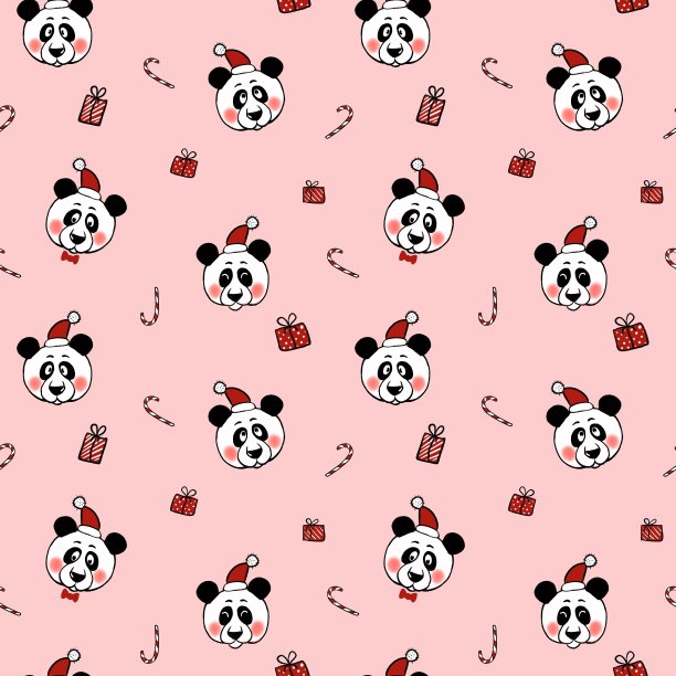 无缝的图案与熊猫在圣诞帽。这幅插图是用纸板的样式画的，主题是新年。设计的织物，纸和其他项目。图片下载