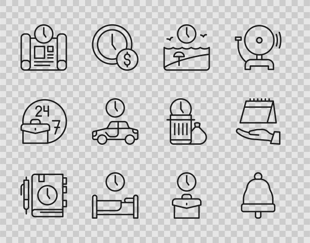 设置线每日纸记事本，铃声，假期时间，睡觉时间，项目计划，旅行，工作和日历图标。向量图片下载