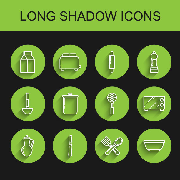 设置线瓶橄榄油，刀，纸包牛奶，交叉叉和勺子，碗，烹饪锅，微波炉和抹刀图标。向量图片下载