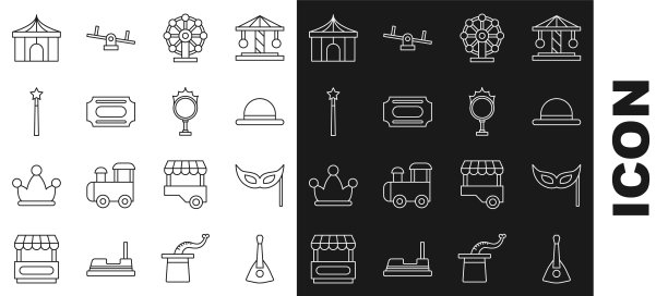Set line Balalaika，节日面具，小丑帽，摩天轮，马戏团门票，魔术棒，帐篷和火圈图标。向量图片下载