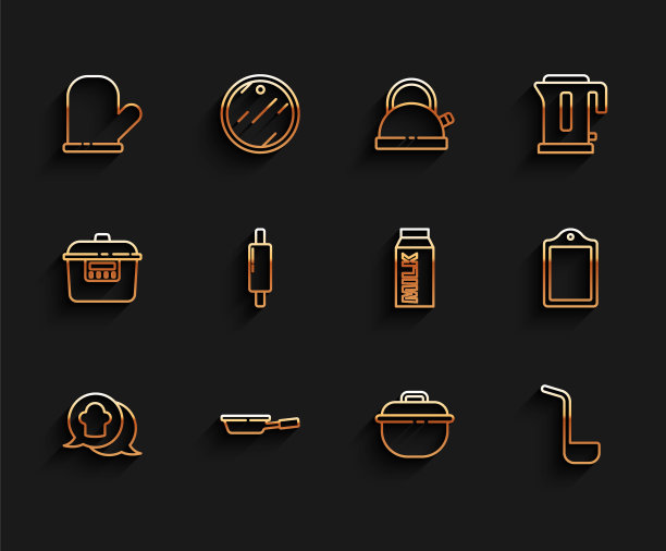 Set line Chef hat in speech bubble, Frying pan, Oven glove, Cooking pot, Kitchen ladle, Rolling pin, Cutting board and Paper package for milk icon。向量图片下载