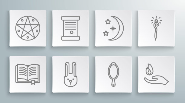 Set line古代魔书，法令，纸，羊皮纸，卷轴，兔耳，魔手镜，手握火，月亮星，五角星和五角星圆形图标。向量图片下载