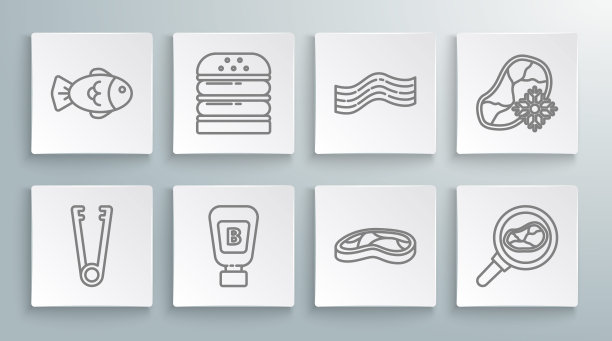 集线肉钳，汉堡，酱瓶，牛排肉，在煎锅，培根条纹，新鲜冷冻牛排和鱼的图标。向量图片下载