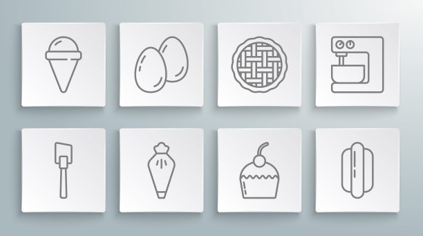设置线铲，复活节蛋，糕点袋，蛋糕，热狗三明治，自制派，电动搅拌机和冰淇淋在华夫饼锥形图标。向量图片下载