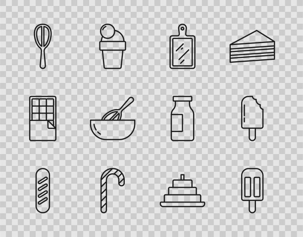 固定线法国法棍面包，冰淇淋，切板，圣诞糖果手杖，厨房打蛋器，碗，燃烧蜡烛的蛋糕和图标。向量图片下载