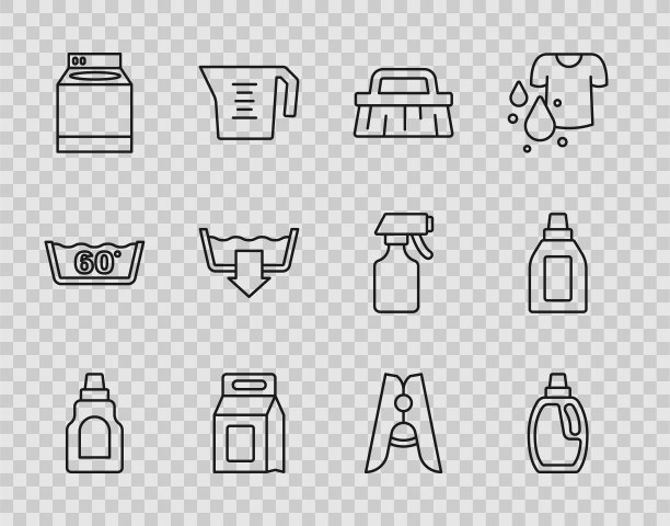 设置线瓶清洗剂，刷子，洗衣粉，洗衣机，洗涤模式，衣服别针和图标。向量图片下载