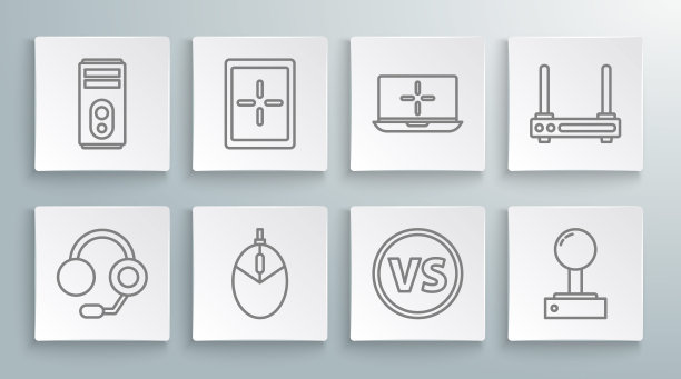 耳机，平板电脑，鼠标游戏，VS对战，街机操纵杆，笔记本电脑，路由器，无线信号和图标。向量图片下载