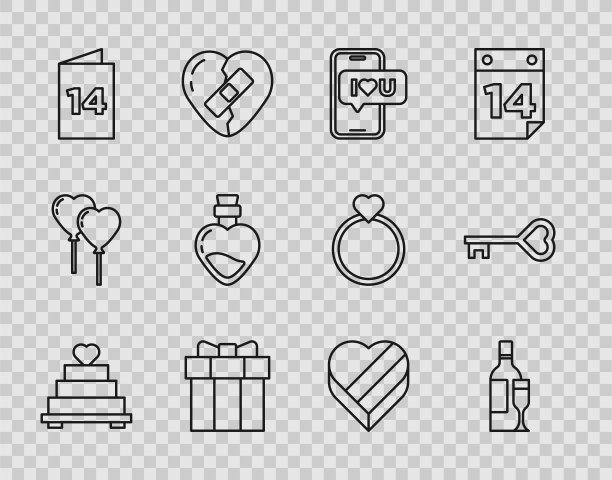 设置线婚礼蛋糕与心，香槟瓶，手机，礼品盒，贺卡，瓶爱情药水，糖果形状和关键图标。向量图片下载