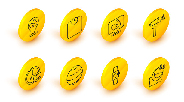 设置线睡觉时间，智能手表，健身球，叉子上的胡萝卜，健美肌肉，浴室秤和图标。向量图片下载