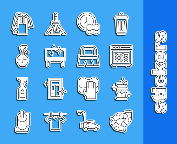 Set line Socks, Clean vase，洗碗机，Washing dishes, table, Water spray bottle, Cleaning service and Brush for Cleaning图标。向量图片下载