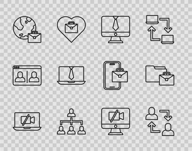 在笔记本电脑上设置线摄像机关闭，项目团队基地，聊天会议，层次组织图，在线工作，电脑和图标。向量图片下载