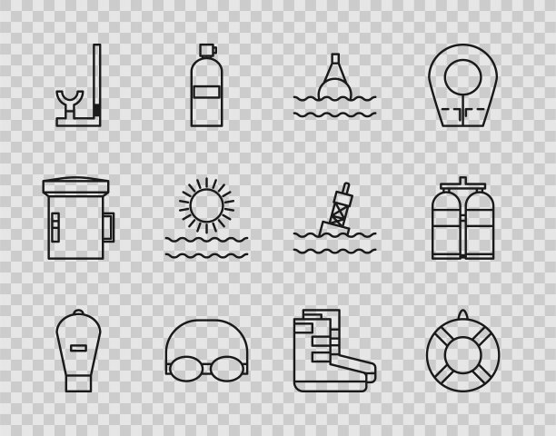 升降袋，救生圈，漂浮在海上，游泳眼镜和帽子，浮潜，太阳波，靴子和水龙图标。向量图片下载