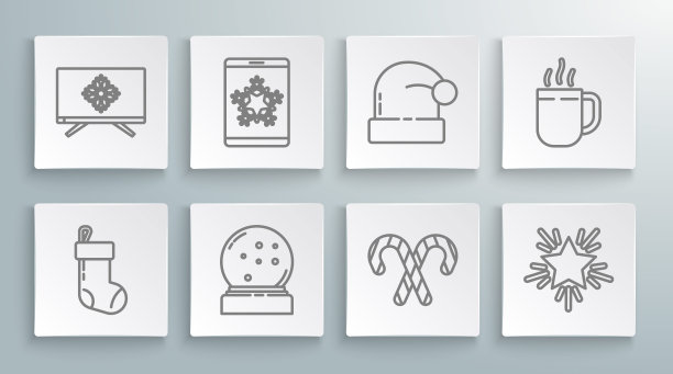 圣诞袜、手机雪花、雪花玻璃球、糖果条纹、星星、圣诞老人帽子、咖啡杯和圣诞电视图标矢量素材图片下载