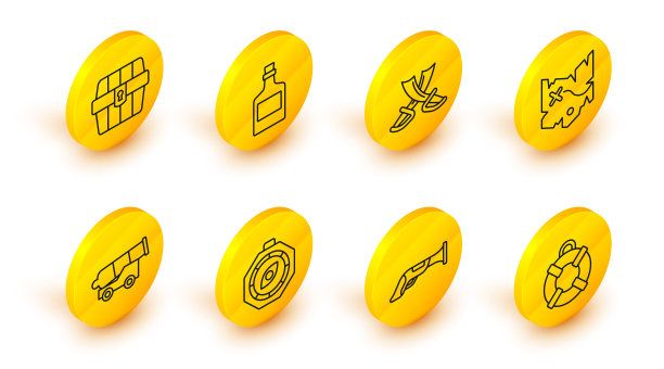 设置线救生圈，古董手枪，指南针，大炮，海盗藏宝图，交叉海盗剑，酒喝朗姆酒和古董胸前图标。向量图片下载