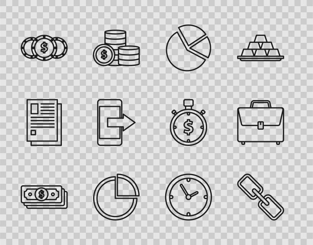 设置线堆叠纸币现金，链链接，饼图信息图表，硬币与美元符号，智能手机，移动电话，时钟和公文包图标。向量图片下载