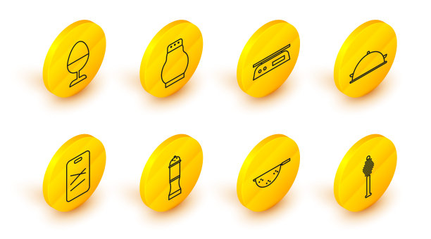 设置线蜂蜜勺棒，厨房漏勺，胡椒，砧板，覆盖托盘的食物，电子天平，盐胡椒粉和鸡蛋站图标。向量图片下载