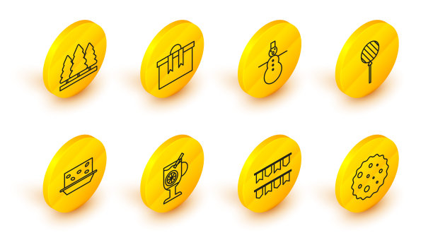 设置的饼干或饼干与巧克力，嘉年华花环旗，热葡萄酒杯的饮料，牛轧糖坚果，棒棒糖，圣诞雪人，礼品盒和树的图标。向量图片下载