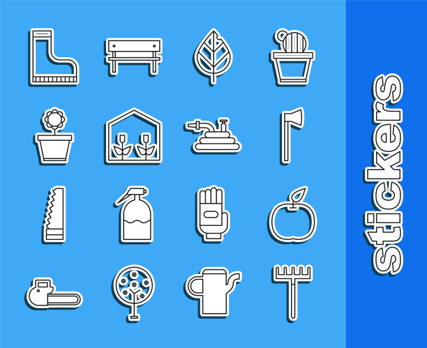 设置线花园耙，苹果，木斧，叶子，家庭温室和植物，花盆里的花，防水橡胶靴和软管或消防软管图标。向量图片下载