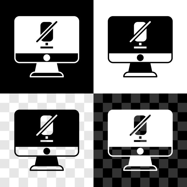 设置静音麦克风的电脑图标孤立于黑白，透明的背景。麦克风音频有限。向量图片下载