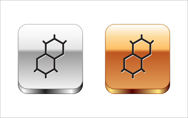 黑色化学公式图标孤立在白色背景。摘要六边形用于创新医药、健康、科研和科学。金银平方按钮。向量图片下载