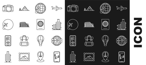 设置线信息图的城市地图导航，机票，旅行箱旅行，全球与飞行飞机，罗马竞技场，意大利，照片相机和护照生物特征数据图标。向量图片下载